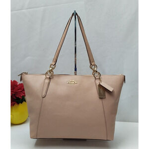 Coach Ava Pink Crossgrain Leather Double Handles Zipper Closure Tote Bag